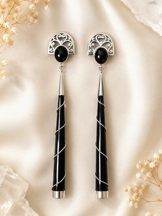 925 Sterling Silver Jewelry - VTG 80s TASO 925 Sterling Silver Black Onyx Lucite Art Deco Dangle Earrings 5”
